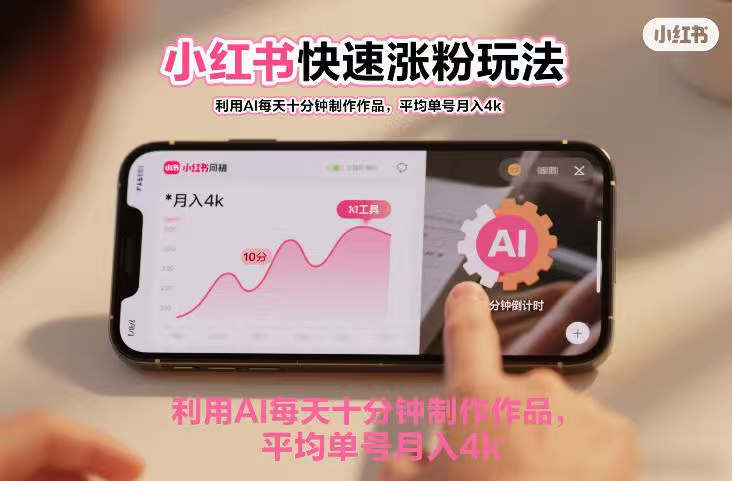 小红书快速涨粉玩法，利用AI每天十分钟制作作品，平均单号月入4000+