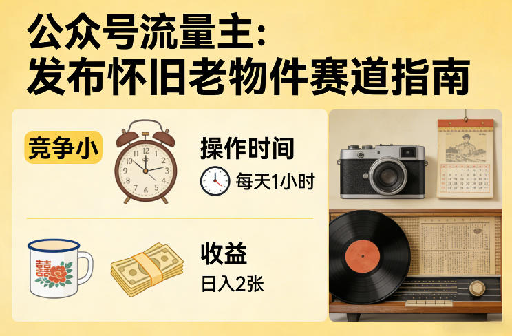 公众号流量主之发布怀旧老物件赛道，竞争小，每天操作1小时，日入200+