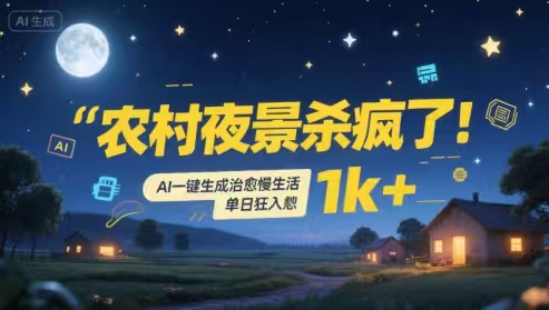 农村夜景杀疯了！AI一键生成治愈系慢生活，单日狂入1000+