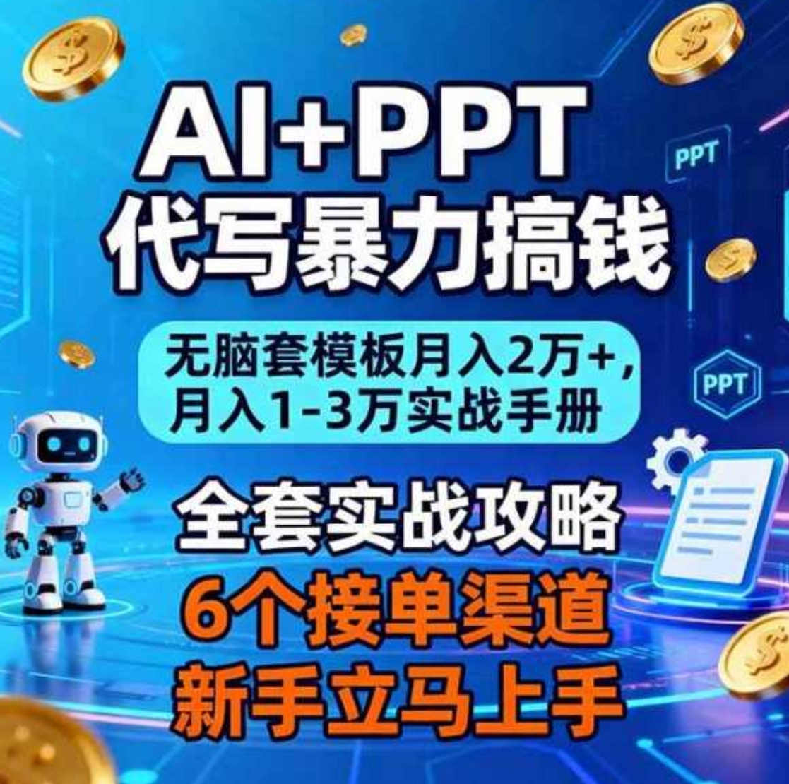AI+PPT代写暴力搞钱：无脑套模板月入2万+，月入1-3万实战手册