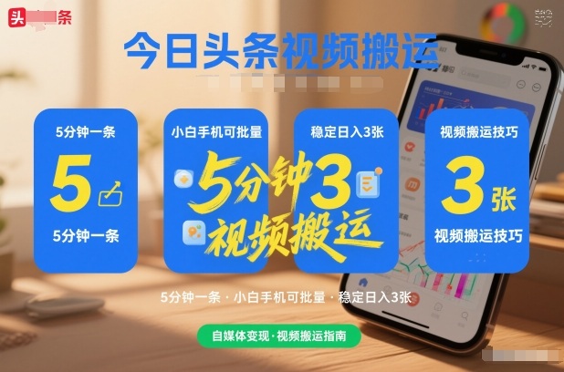 今日头条视频搬运，5分钟一条，小白手机可批量，稳定日入300+