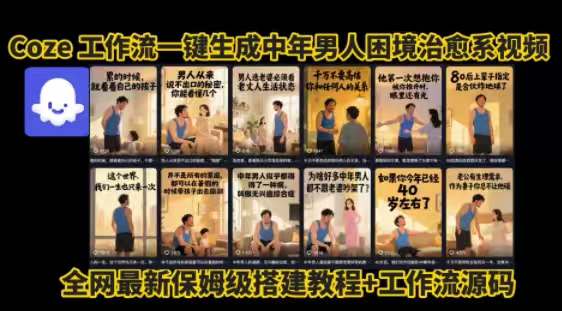 COZE工作流一键生成”中年男人困境扎心高涨粉高播放量图文视频”保姆级拆解教程，无需剪辑，无需拍摄写文案
