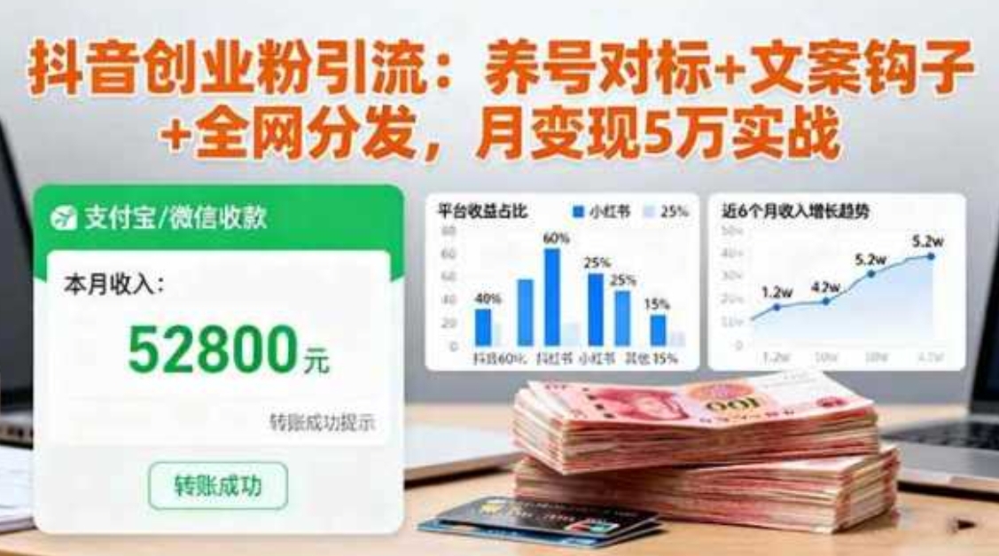 抖音创业粉引流：养号对标+文案钩子+全网分发，月变现5万实战