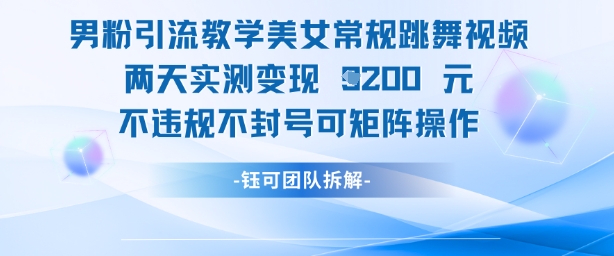 男粉引流教学美女常规跳舞视频两天实测变现1K+，不违规不封号可矩阵操作
