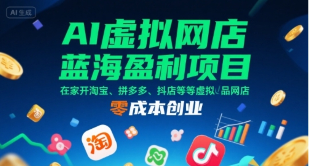AI虚拟网店蓝海盈利项目，在家开淘宝、拼多多、抖店等虚拟品网店，零成本创业