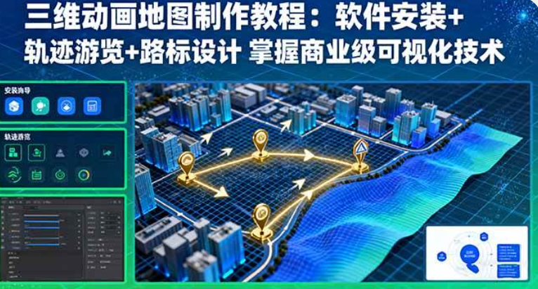 三维动画地图制作教程：软件安装+轨迹游览+路标设计 掌握商业级可视化技术