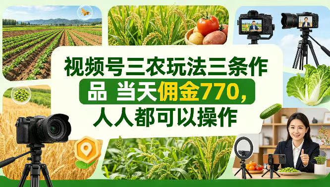 视频号三农玩法三条作品当天佣金770，人人都可以操作
