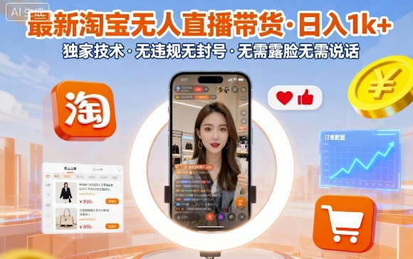 最新淘宝无人直播带货，日入1000+，独家技术，无违规无封号，只要一台电脑即可全天开播，无需露脸无需说话