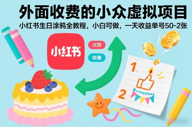 外面收费的小众虚拟项目，小红书生日涂鸦全教程，小白可做，一天收益单号50-200+