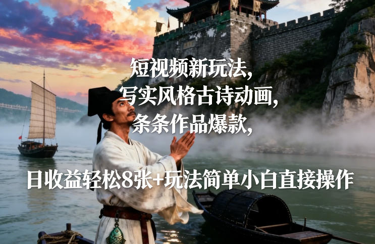 短视频新玩法，写实风格古诗动画，条条作品爆款，日收益轻松800+玩法简单小白直接操作