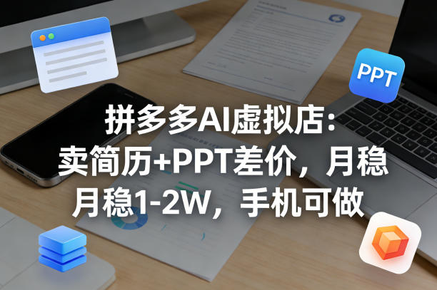 拼多多AI虚拟店：卖简历+PPT差价，月稳1-2W，手机可做