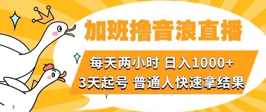 加班撸音浪直播，每天两小时，日入1000+，直播话术才3句，3天起号，普通人快速拿结果